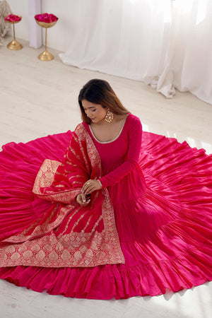 Pink Solid Chanderi Anarkali Gown Set