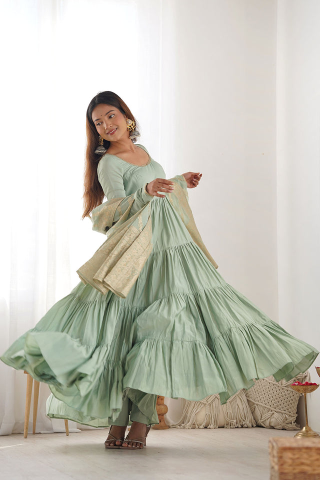 Green Solid Chanderi Anarkali Gown Set