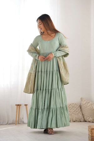 Green Solid Chanderi Anarkali Suit Set