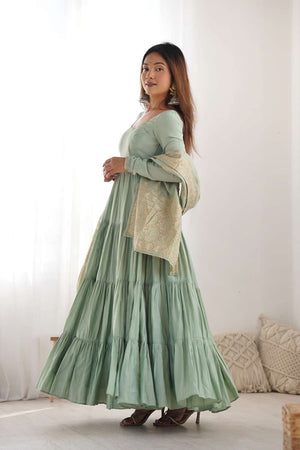 Green Solid Chanderi Anarkali Suit Set