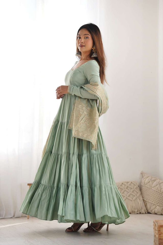 Green Solid Chanderi Anarkali Suit Set