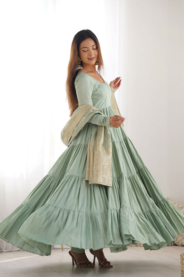Green Solid Chanderi Anarkali Gown Set