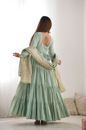 Green Solid Chanderi Anarkali Suit Set