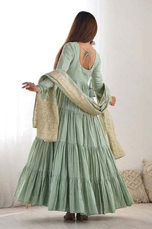 Green Solid Chanderi Anarkali Gown Set