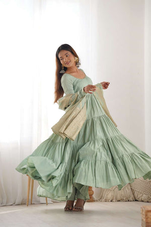Green Solid Chanderi Anarkali Suit Set