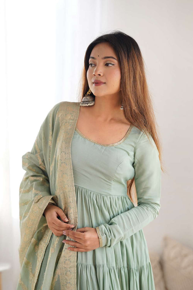 Green Solid Chanderi Anarkali Suit Set