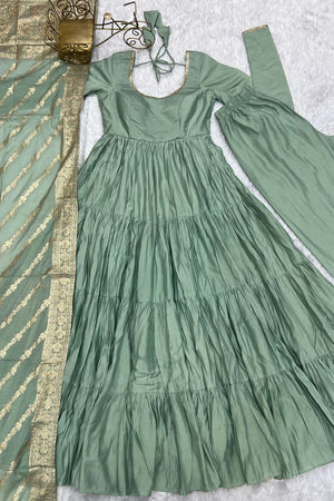 Green Solid Chanderi Anarkali Suit Set