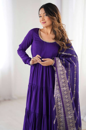Violet Solid Chanderi Anarkali Suit Set
