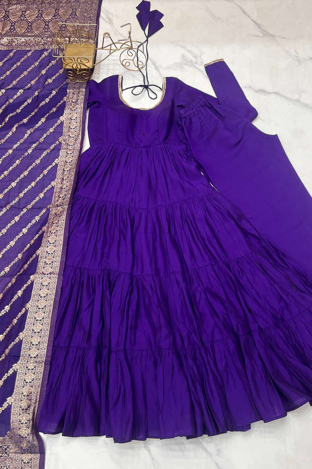 Violet Solid Chanderi Anarkali Suit Set