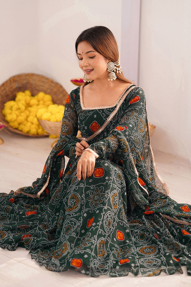 Green Bandani Printed Chiffon Anarkali Gown Set