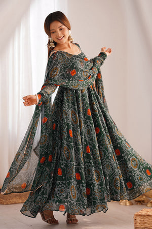 Green Bandani Printed Chiffon Anarkali Gown Set