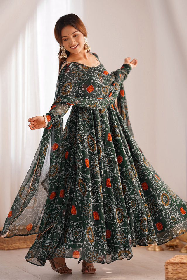 Green Bandani Printed Chiffon Anarkali Gown Set