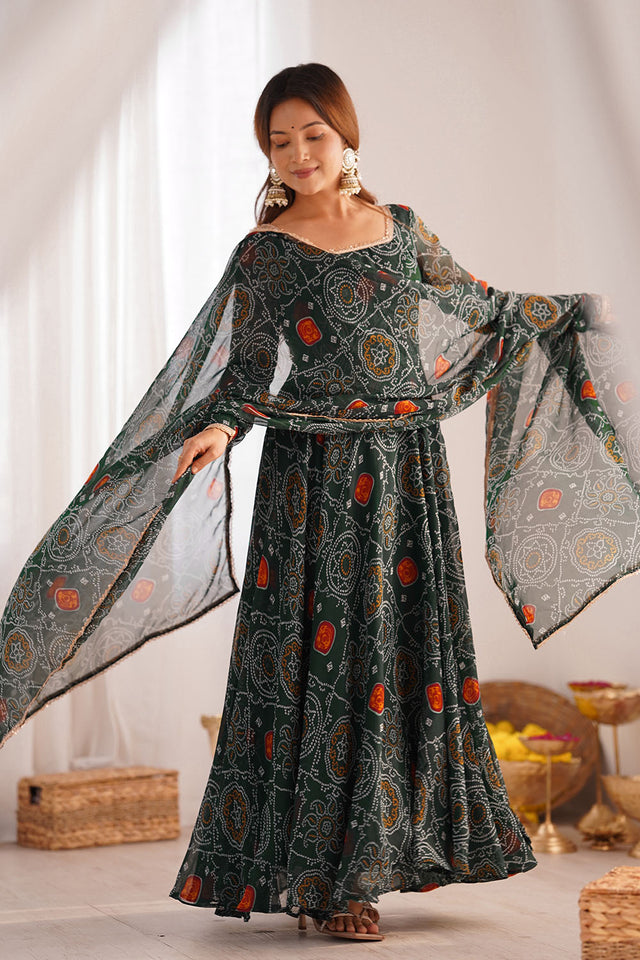 Green Bandani Printed Chiffon Anarkali Gown Set