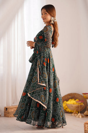 Green Bandani Printed Chiffon Anarkali Gown Set
