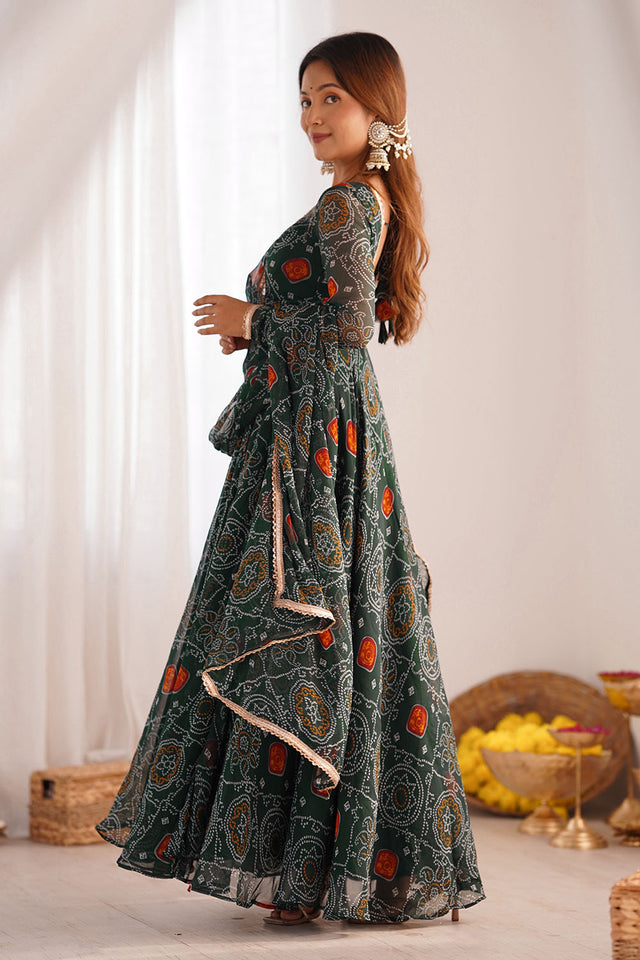 Green Bandani Printed Chiffon Anarkali Gown Set