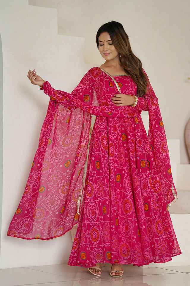 Pink Bandani Printed Chiffon Anarkali Gown Set