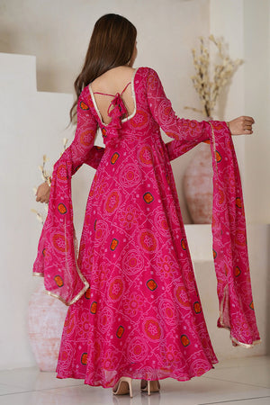 Pink Bandani Printed Chiffon Anarkali Gown Set