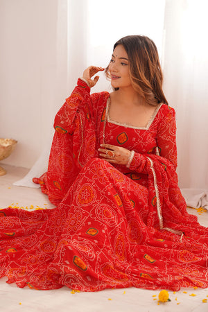 Red Bandani Printed Chiffon Anarkali Gown Set