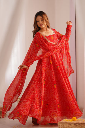 Red Bandani Printed Chiffon Anarkali Gown Set