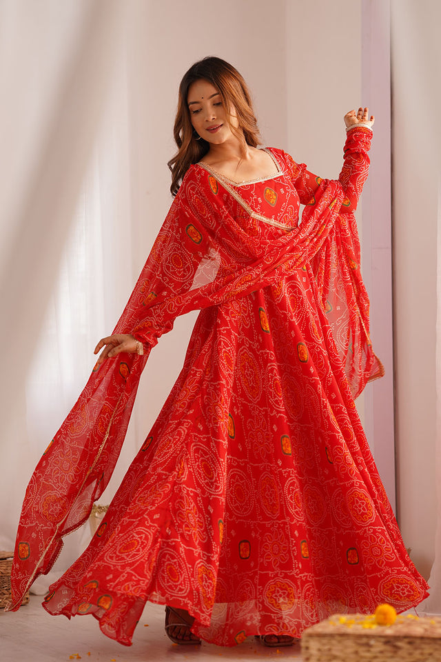 Red Bandani Printed Chiffon Anarkali Gown Set