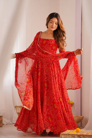 Red Bandani Printed Chiffon Anarkali Gown Set