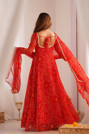Red Bandani Printed Chiffon Anarkali Gown Set