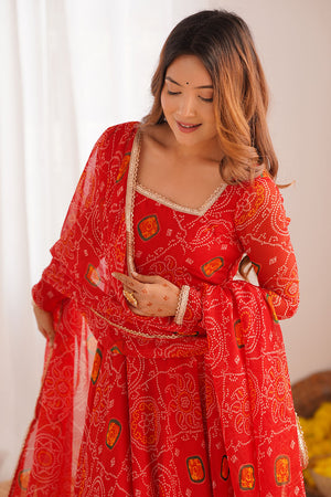 Red Bandani Printed Chiffon Anarkali Gown Set