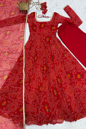Red Bandani Printed Chiffon Anarkali Gown Set