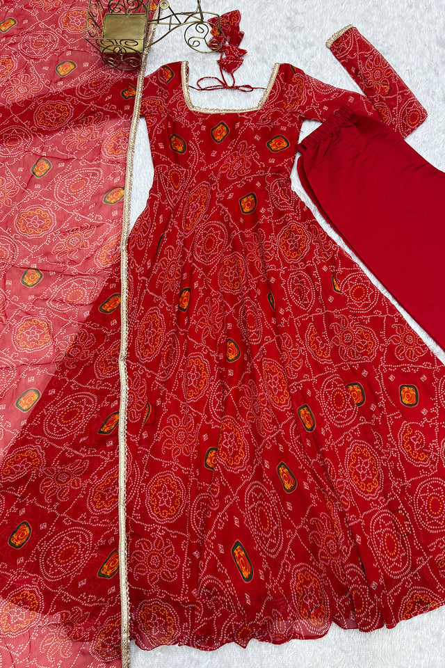 Red Bandani Printed Chiffon Anarkali Gown Set