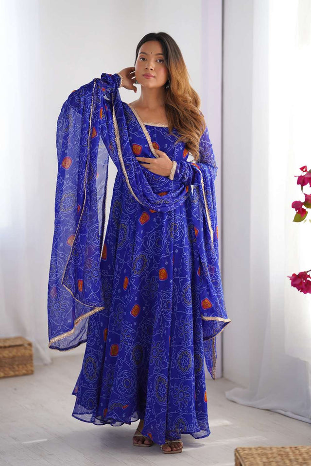 Royal Blue Bandhani Printed Chiffon Anarkali Suit Set