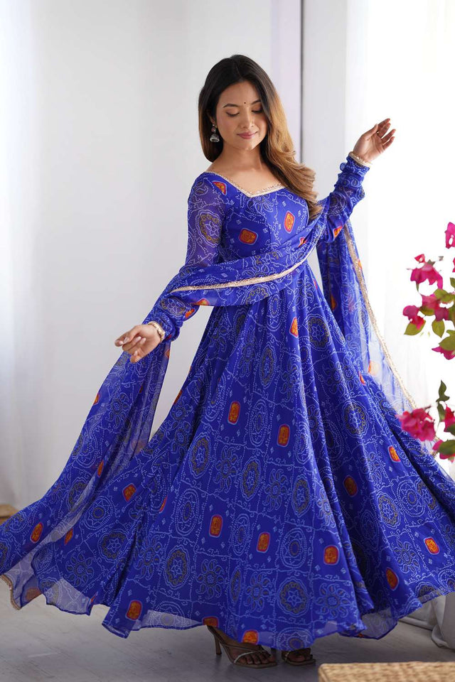 Royal Blue Bandhani Printed Chiffon Anarkali Suit Set