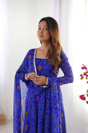Royal Blue Bandhani Printed Chiffon Anarkali Suit Set
