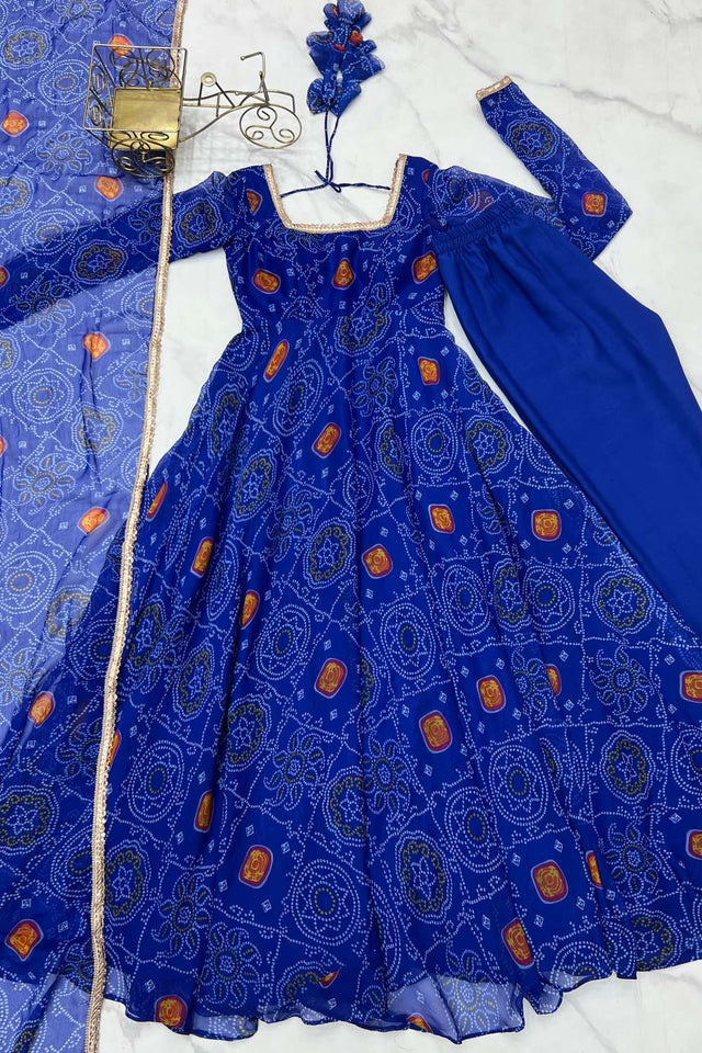 Royal Blue Bandhani Printed Chiffon Anarkali Suit Set