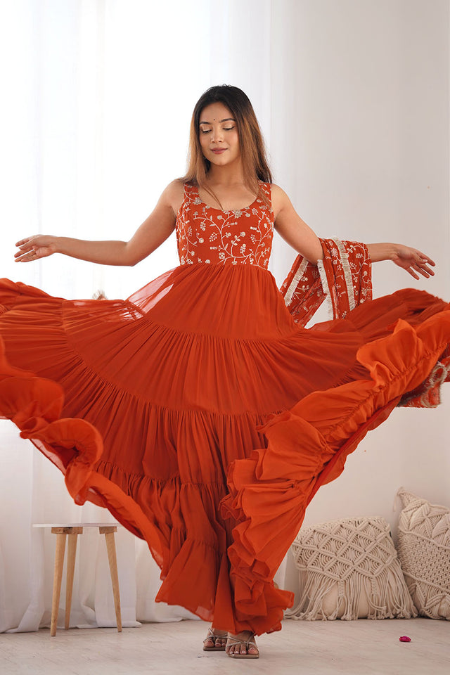 Orange Embroidered Georgette Anarkali Gown Set