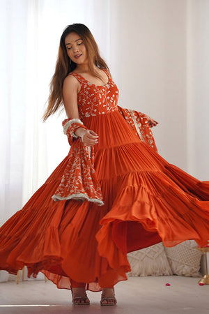 Orange Embroidered Georgette Anarkali Gown Set
