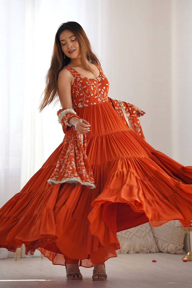 Orange Embroidered Georgette Anarkali Gown Set