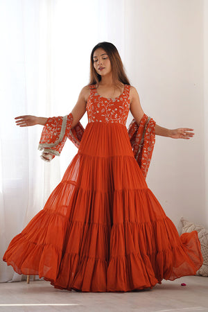 Orange Embroidered Georgette Anarkali Gown Set