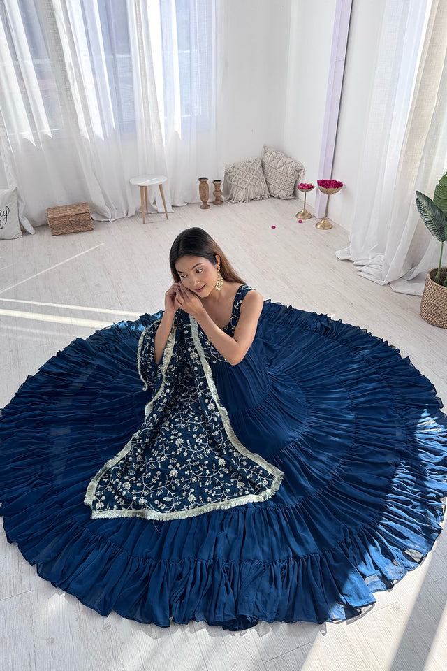 Turquoise Embroidered Georgette Anarkali Gown Set