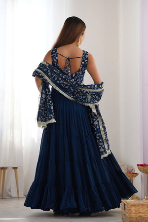 Turquoise Embroidered Georgette Anarkali Gown Set