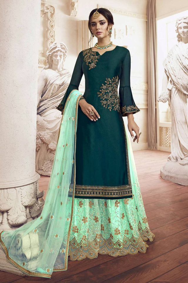 Turquoise Floral Embroidered Georgette Sharara Suits
