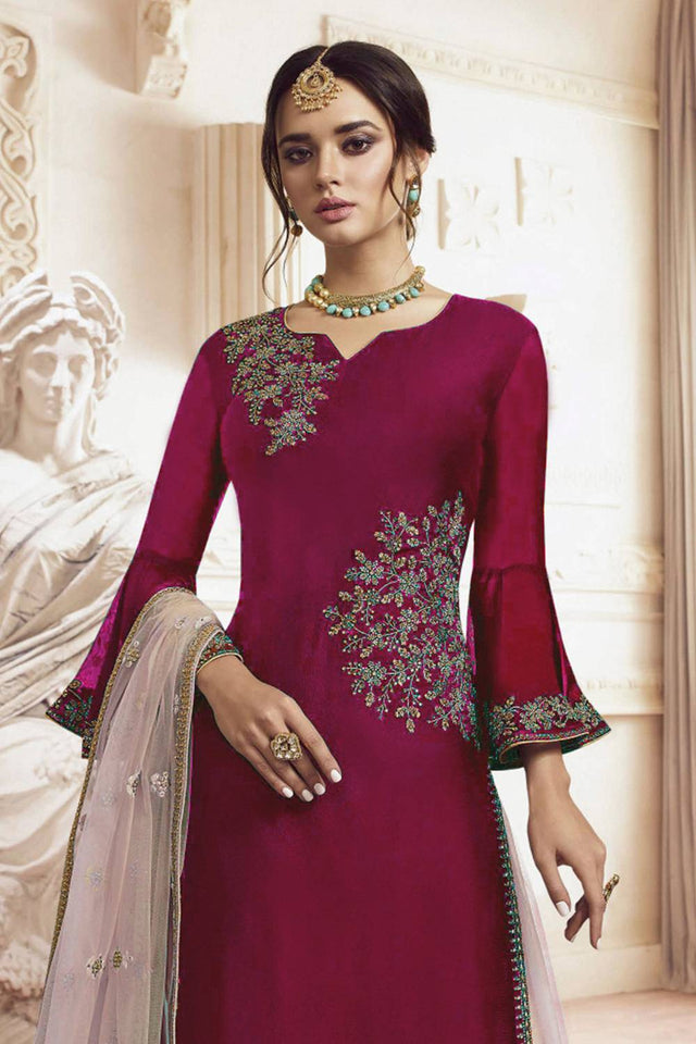 Maroon Floral Embroidered Georgette Sharara Suits