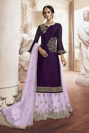 Wine Floral Embroidered Georgette Sharara Suits