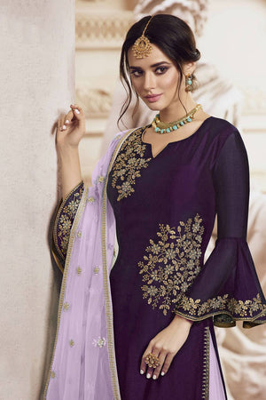 Wine Floral Embroidered Georgette Sharara Suits