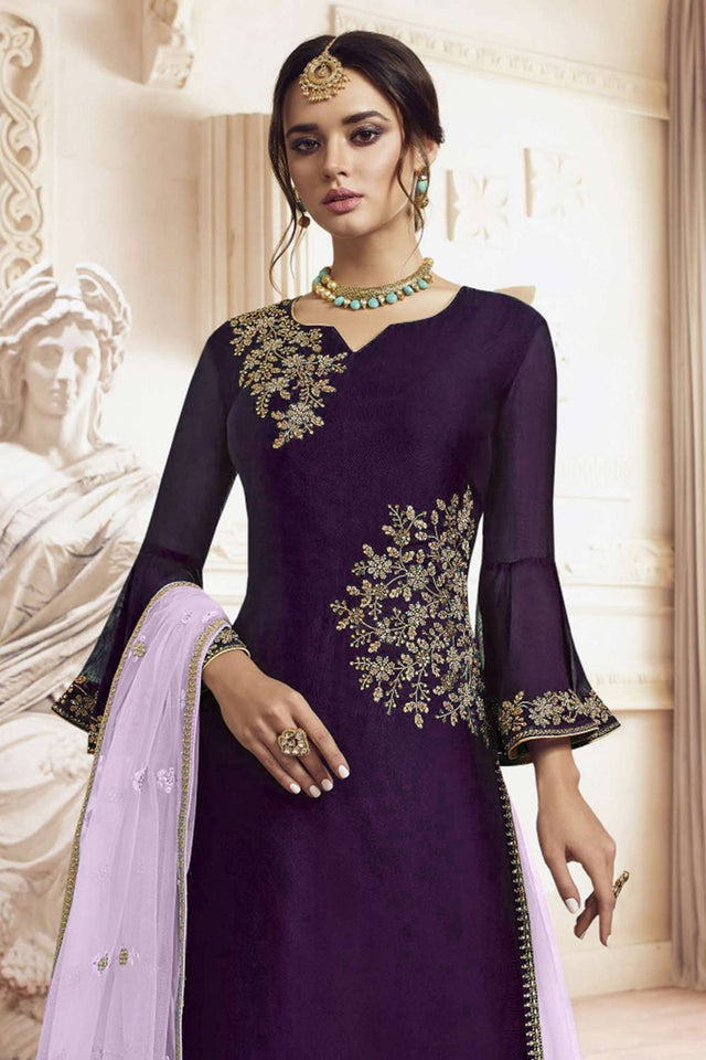 Wine Floral Embroidered Georgette Sharara Suits