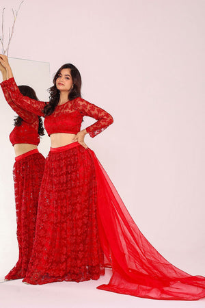 Red Floral Embroidered Net Lehenga (4Rednet)