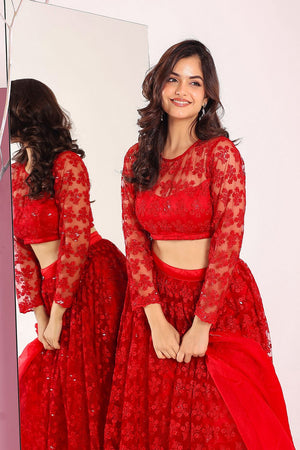 Red Floral Embroidered Net Lehenga (4Rednet)