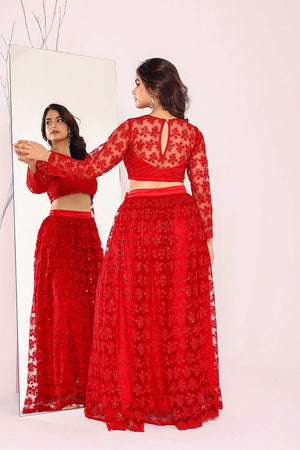Red Floral Embroidered Net Lehenga (4Rednet)