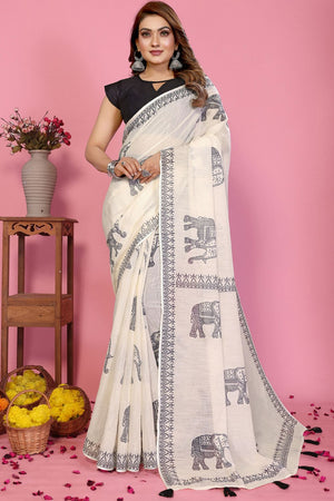 White Printed Cotton Saree (5-SOFTLILAN)