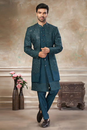 Men's Green Sequin with Embroidered Silk Sherwani Set