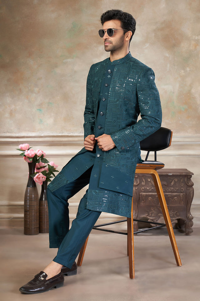 Men's Green Sequin with Embroidered Silk Sherwani Set